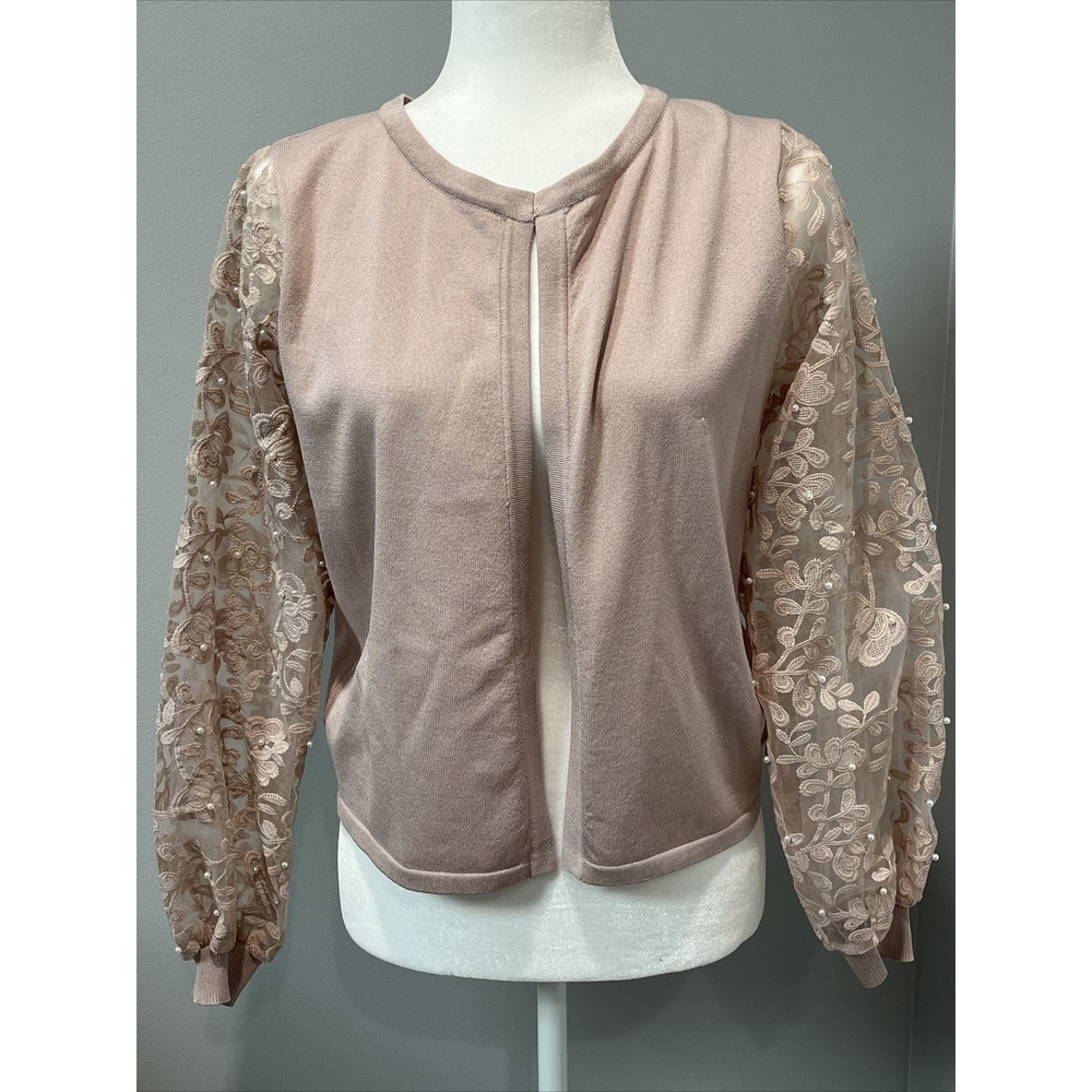 Siani Milano‎ Soft Mauve Cardigan Sweater Size S Floral Lace & Pearl Sleeves NEW